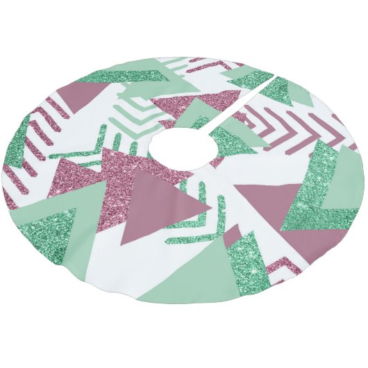 80er Fresh Abstrakt | Muster rosa und grüne Formen Polyester Weihnachtsbaumdecke (Schrägansicht)