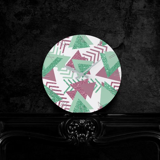 80er Fresh Abstrakt | Muster rosa und grüne Formen Runde Wanduhr
