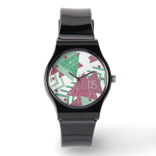 80er Fresh Abstrakt | Rosa und grüne Form Monogram Armbanduhr (Vorderseite)
