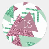 80er Fresh Abstrakt | Rosa und grüne Form Monogram Runder Aufkleber (Vorderseite)