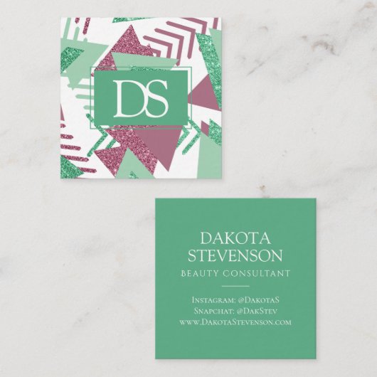 80er Fresh Abstrakt | Rosa und grüne Form Monogram Telefonnummerkarte (Vorne/Hinten)