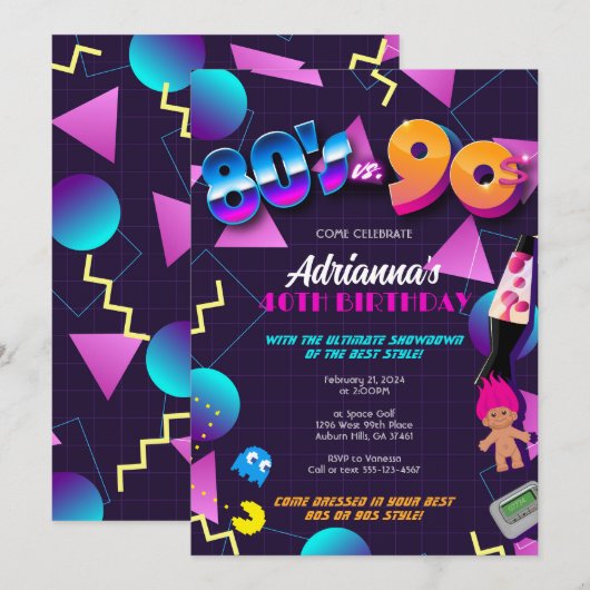 80er gegen 90er-Party-Einladung oder 40. Geburtsta Einladung (Vorne/Hinten)
