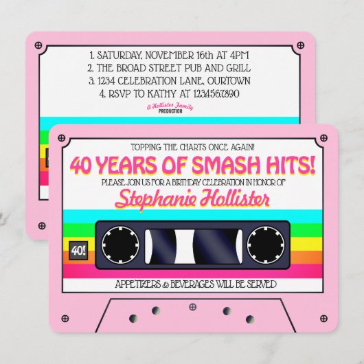80er Jahre Retro Rosa Neon Label Kassette Geburtst Einladung (Vorne/Hinten)