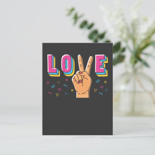 80er Liebe Hand Peace Sign 90er Retro Hippie Graph Postkarte (Stehend Vorderseite)
