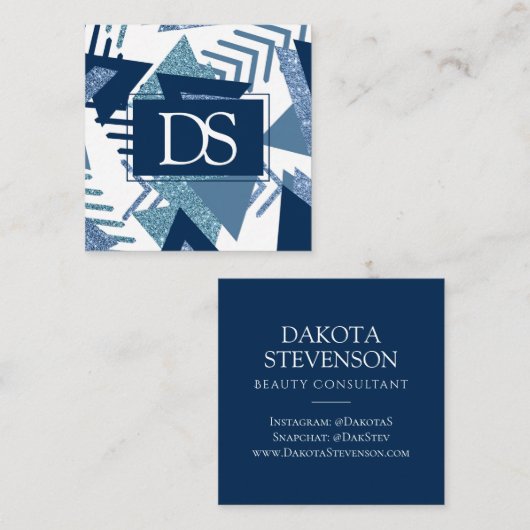 80er Luxe Abstrakt | Türkis- und Marine-Monogramm Telefonnummerkarte (Vorne/Hinten)