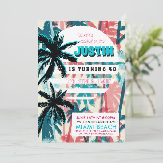 80er Miami Birthday Party Einladung (Stehend Vorderseite)