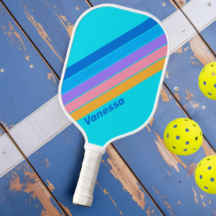 80er Neon-Ozean-Himmel gestreift mit Namen Pickleball Schläger