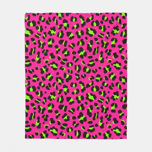 80er Neon Pink Fuchsia und Lime Green Leopard Fleecedecke (Vorderseite)