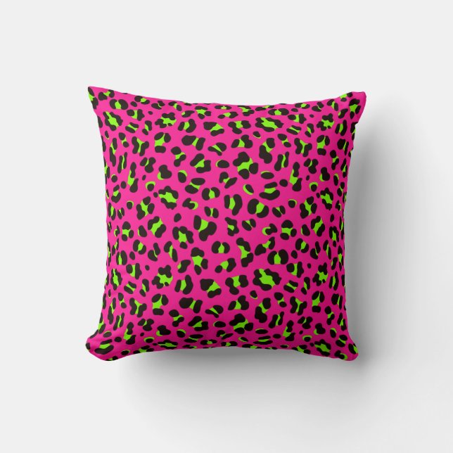 80er Neon Pink Fuchsia und Lime Green Leopard Kissen (Vorderseite)