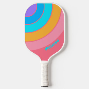 80er Neon Sunrise Circle Streifen mit Namen Pickleball Schläger