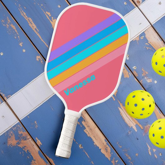 80er Neon Sunrise mit Namen gestrichen Pickleball Schläger