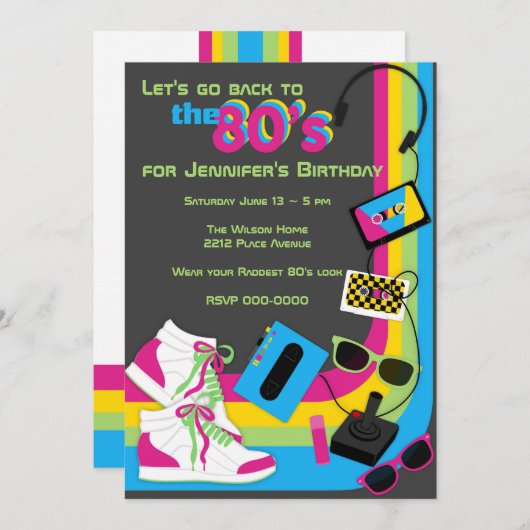 80er Party Einladung (Vorne/Hinten)