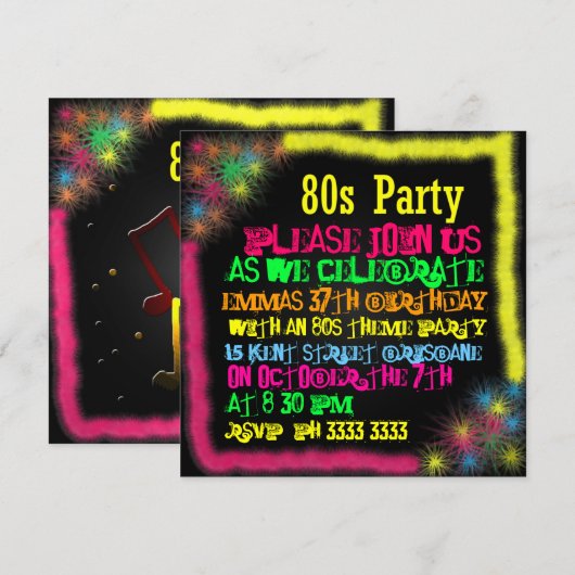 80er Party Einladungen (Vorne/Hinten)