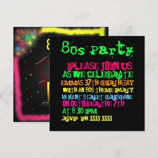 80er Party Einladungen (Vorne/Hinten)