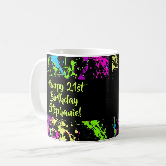 80er Party Retro Neon Paint Spritzer Personalisier Kaffeetasse (Vorderseite Links)