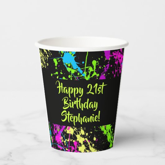 80er Party Retro Neon Paint Spritzer Personalisier Pappbecher (Vorderseite)