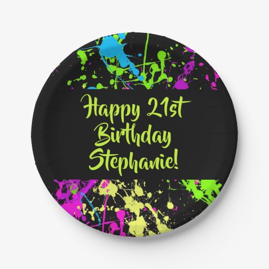 80er Party Retro Neon Paint Spritzer Personalisier Pappteller (Vorderseite)