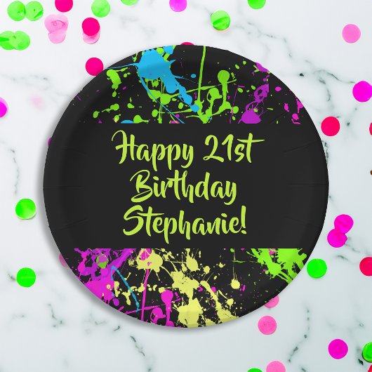 80er Party Retro Neon Paint Spritzer Personalisier Pappteller