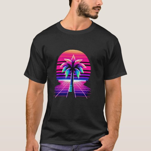 80er Pixel Art Sunset & Palm Tree Retro 8 Bit Vint T-Shirt (Vorderseite)