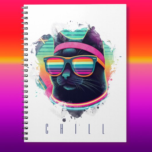 80er Retro Coole Katze mit Sweatband und Sonnenbri Notizblock