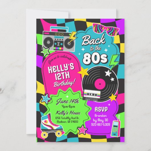 80er Retro Neon Einladung zum Geburtstag (Vorderseite)