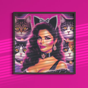 80er Retrowave Katzenfrau Poster