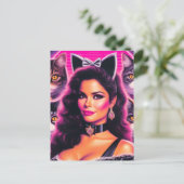 80er Retrowave Katzenfrau Postkarte (Stehend Vorderseite)