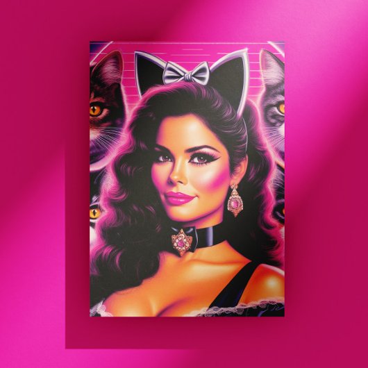 80er Retrowave Katzenfrau Postkarte