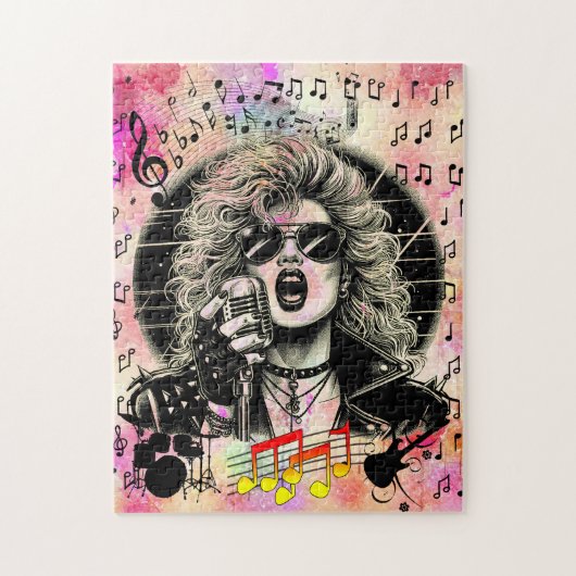 80er Rocker chick Sängerin Tinte Illustration Puzzle (Vertikal)