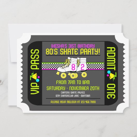80er Rollerskate Ticket Style Party Einladungen (Vorderseite)