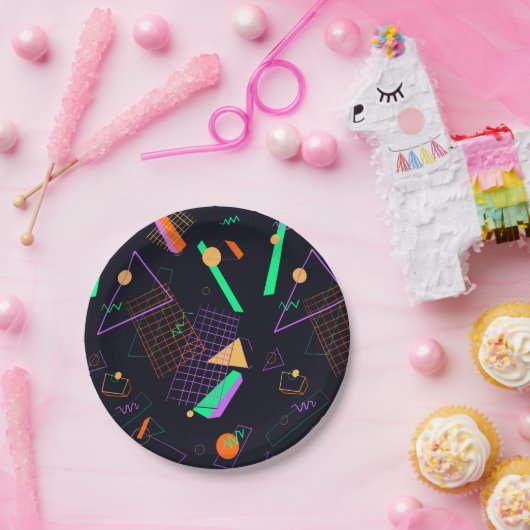 80er Schwarz und Neon Retro geometrische Papierpla Pappteller (Party)