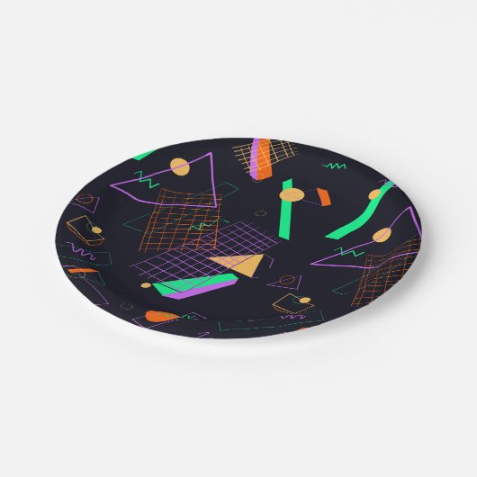 80er Schwarz und Neon Retro geometrische Papierpla Pappteller (Schrägansicht)