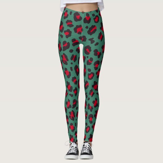 80er Style Red & Green Leopard Print Leggings (Vorderseite)