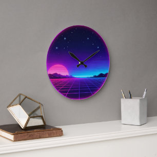80er Synthwave Neon-Sonnenuntergang Kreis geometri Große Wanduhr