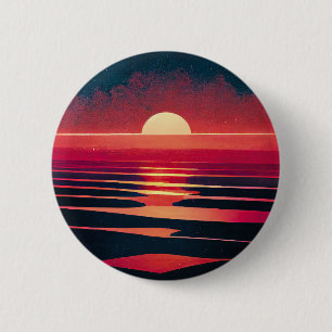 80er-Synthwave-Rotes Meer und Vintage Sonnenunterg Button
