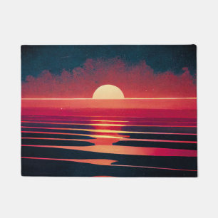 80er-Synthwave-Rotes Meer und Vintage Sonnenunterg Fußmatte