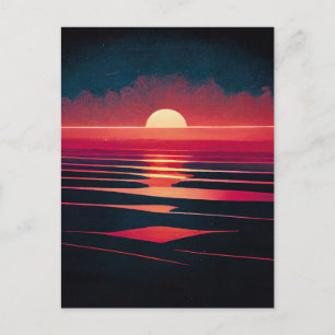 80er-Synthwave-Rotes Meer und Vintage Sonnenunterg Postkarte