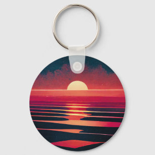 80er-Synthwave-Rotes Meer und Vintage Sonnenunterg Schlüsselanhänger
