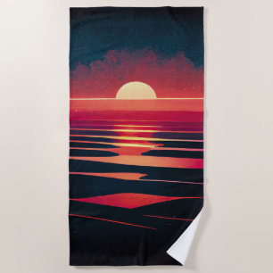 80er-Synthwave-Rotes Meer und Vintage Sonnenunterg Strandtuch