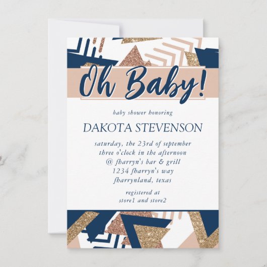 80er Trendy Abstrakt | Marine und Rose Gold Oh Bab Einladung (Vorderseite)