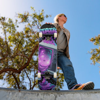 80er TV- und Technik mit "Static"-Text Skateboard