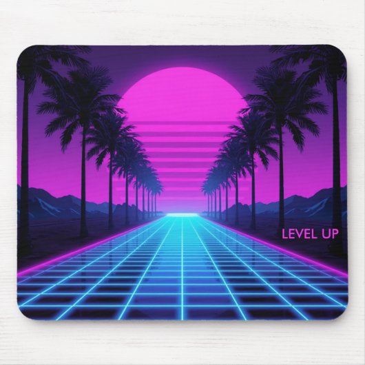 80er Vaporwave Neon Grid Schreibtischunterlage mit Mousepad (Vorne)