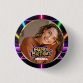 80s Neon Retro Custom Photo & Name Happy Birthday Button (Vorderseite)