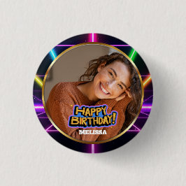 80s Neon Retro Custom Photo & Name Happy Birthday Button