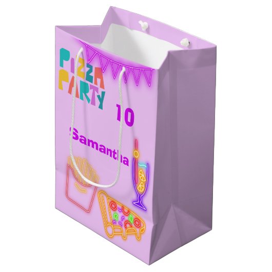 80s Pizza Party Gift Bag - Neon Arcade Theme Mittlere Geschenktüte (Vorderseite Schrägansicht)