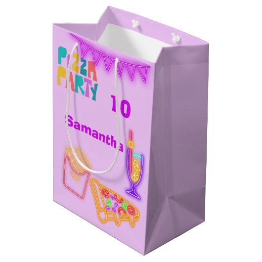 80s Pizza Party Gift Bag - Neon Arcade Theme Mittlere Geschenktüte (Rückseite Schrägansicht)