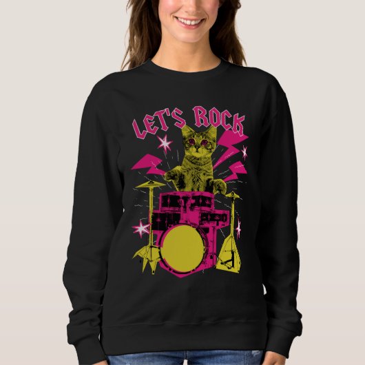 80s Rock N Roll Girl Cat Let's Rock Sweatshirt (Vorderseite)