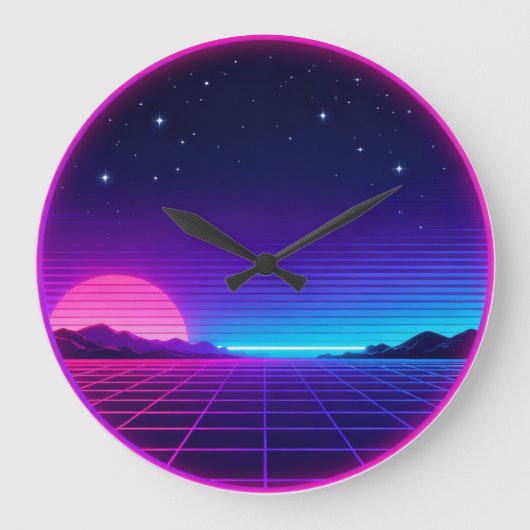 80s Synthwave Neon Sunset Circle Geometric Graphic Große Wanduhr (Vorderseite)