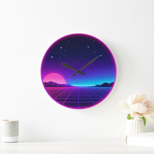 80s Synthwave Neon Sunset Circle Geometric Graphic Große Wanduhr (Zuhause)
