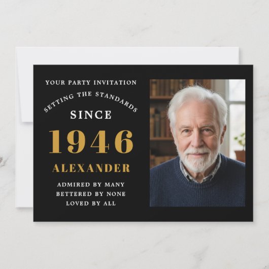 80th Birthday 1946 Black Gold Personalized Photo Einladung (Vorderseite)